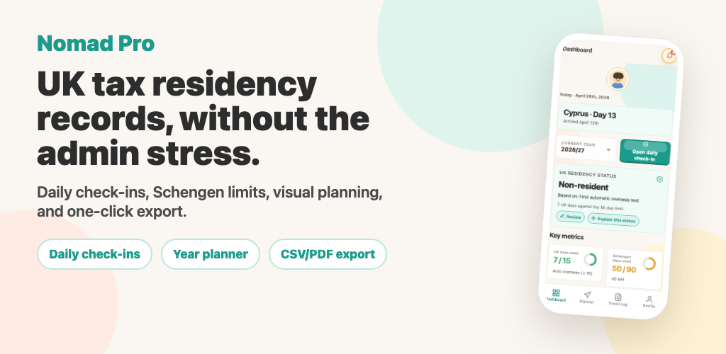 Nomad Pro feature graphic showing the app dashboard and UK tax residency records headline
