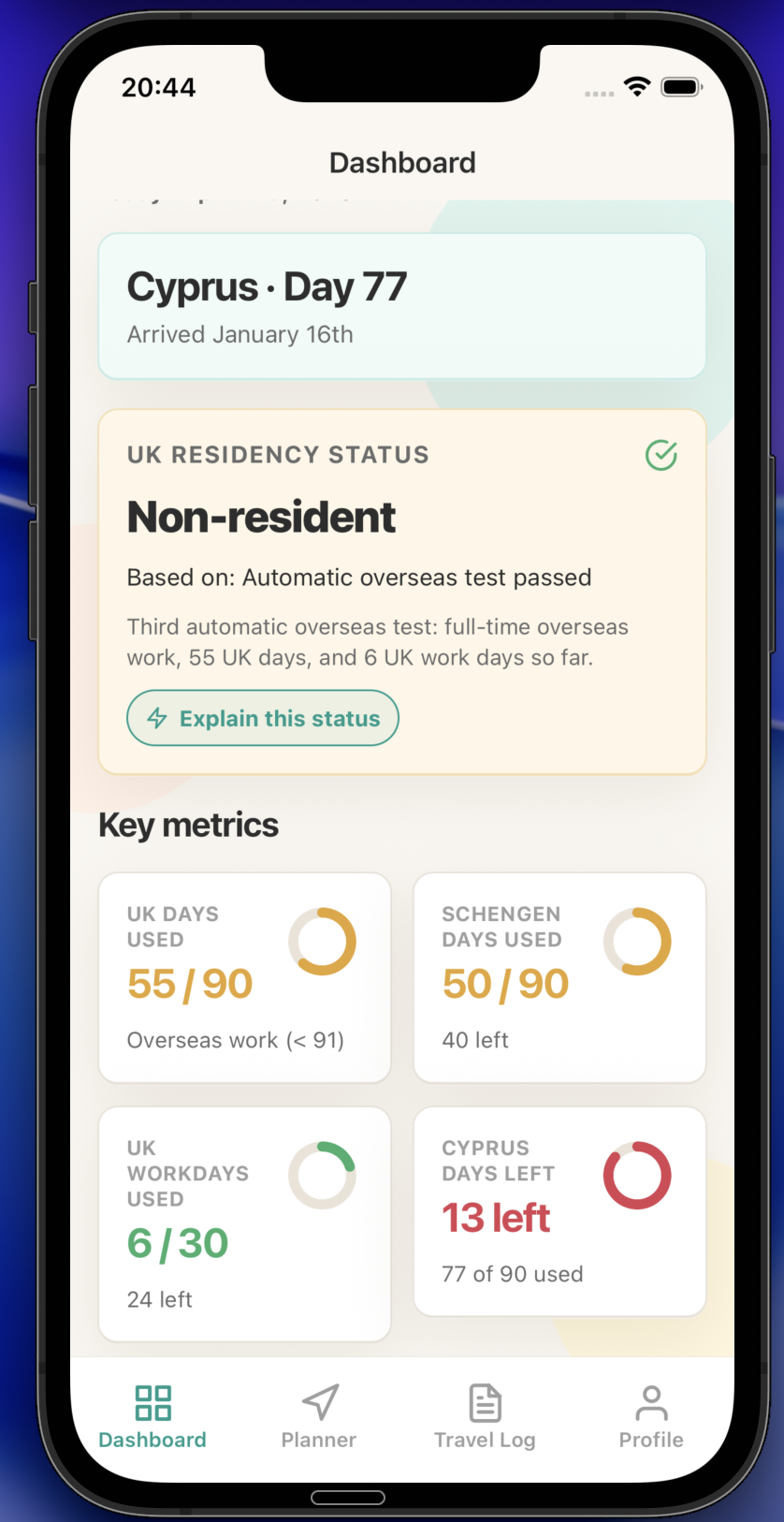 Nomad Pro phone dashboard showing residency status and key metrics