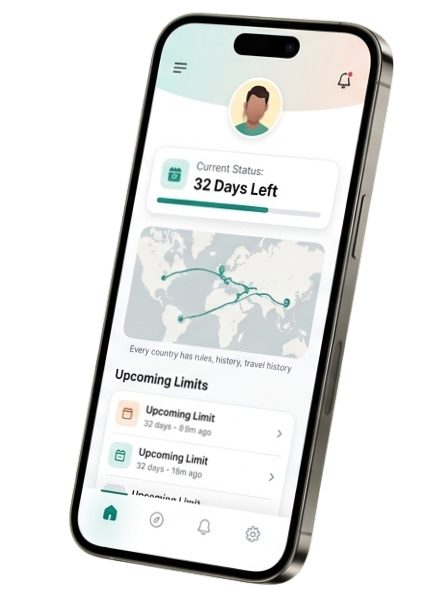Nomad Pro angled phone mockup showing a travel route map and remaining days